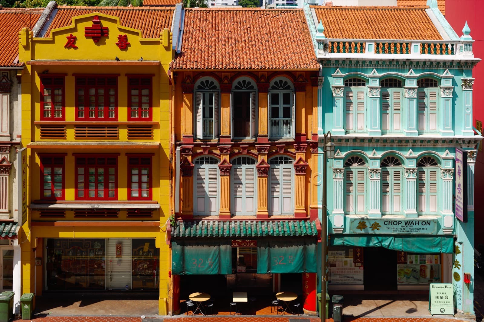 Shophouses and shops along a street in Singapore’s Chinatown